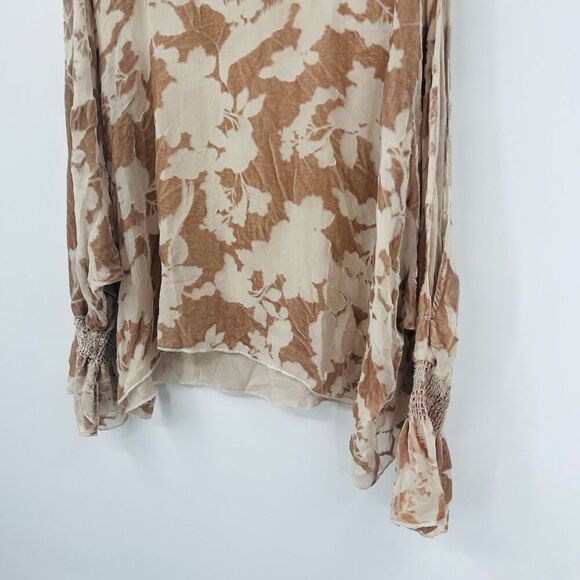 Vintage Johnny Was - Jade Blouse Small Silk Beige Taupe Floral Cold Shoulder - Picture 5 of 8